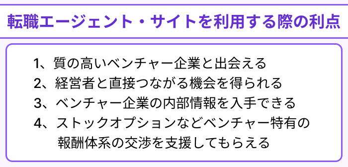 ベンチャー企業向け転職エージェント・サイトを利用する際の利点のイラスト