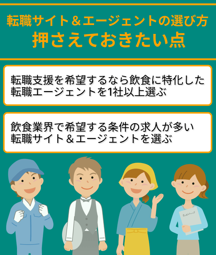 飲食業界に転職したいときの転職サイト＆エージェントの選び方で押さえておきたい点のイラスト