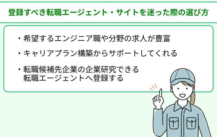 ã‚¨ãƒ³ã‚¸ãƒ‹ã‚¢ãŒç™»éŒ²ã™ã¹ãè»¢è·ã‚¨ãƒ¼ã‚¸ã‚§ãƒ³ãƒˆãƒ»ã‚µã‚¤ãƒˆã‚’è¿·ã£ãŸéš›ã®é¸ã³æ–¹ã®ã‚¤ãƒ©ã‚¹ãƒˆ